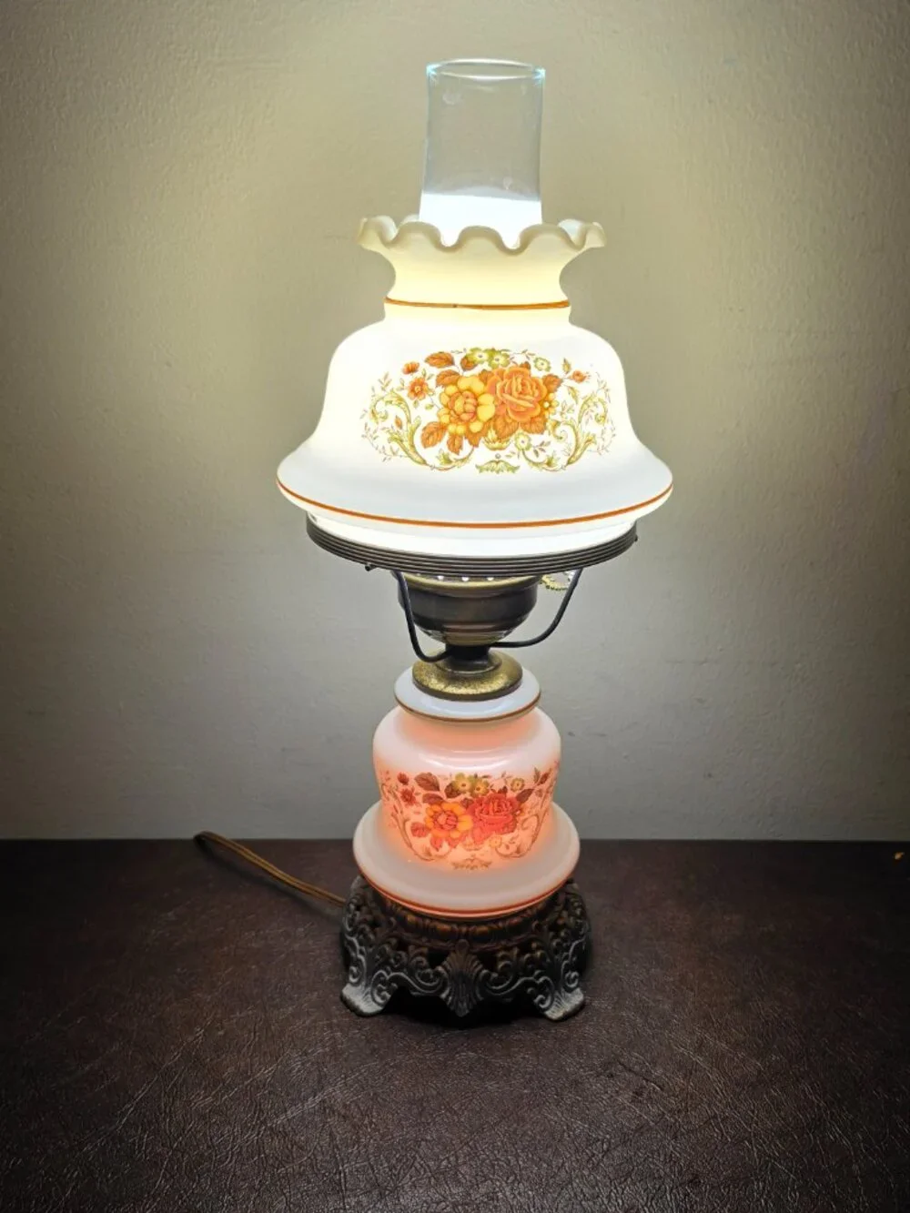 Vintage Quoizel Hurricane Table Lamp with a Floral Pattern and Metal Base